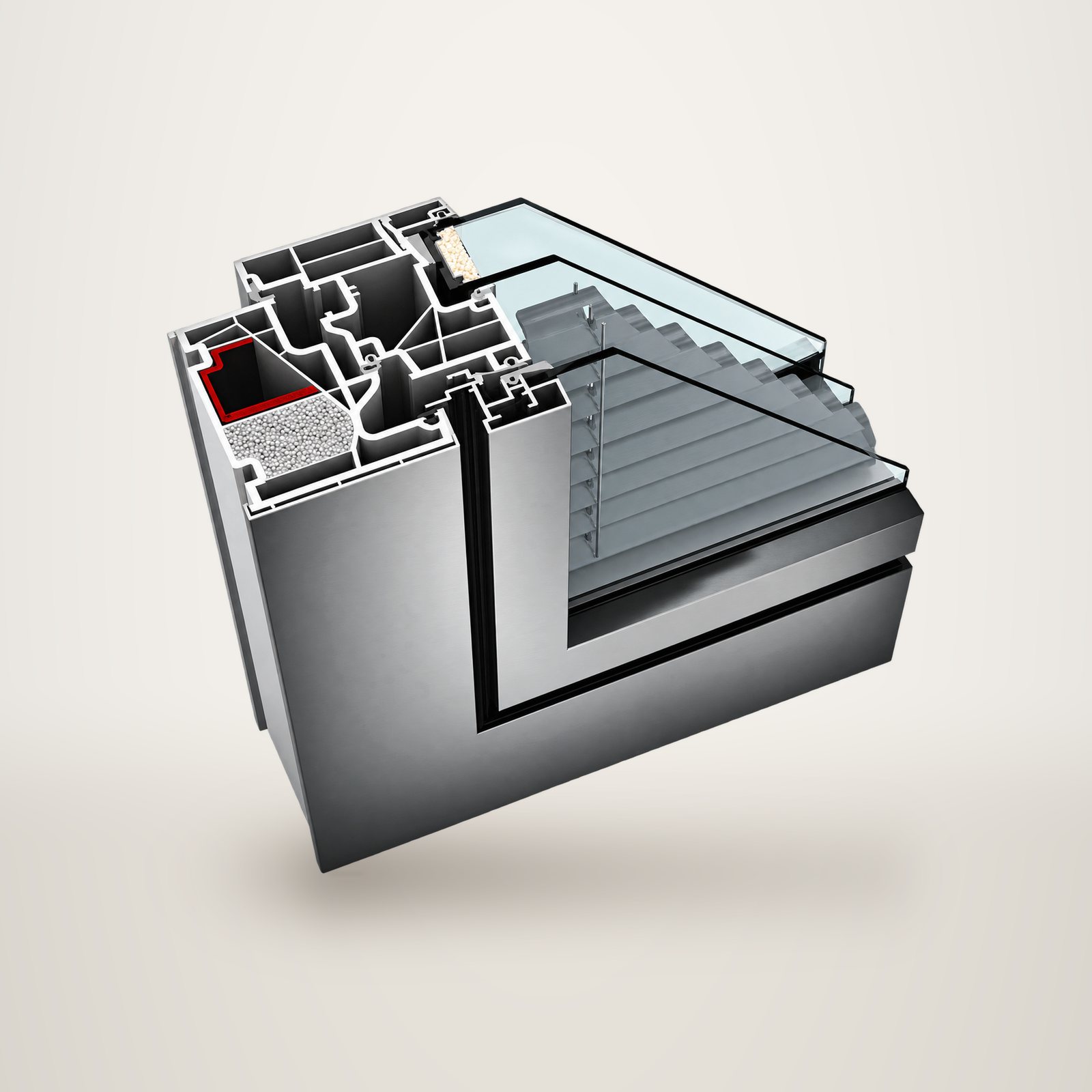 Rendu 3D en coupe d'un angle de fenêtre en aluminium montrant les chambres du profilé, l'isolant, le double vitrage et un store intégré.