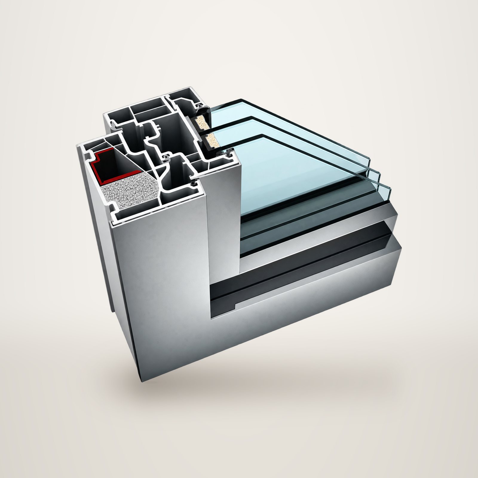 Coupe transversale d'un profilé de fenêtre en aluminium et PVC avec chambres isolantes et triple vitrage, présentée sur fond noir.
