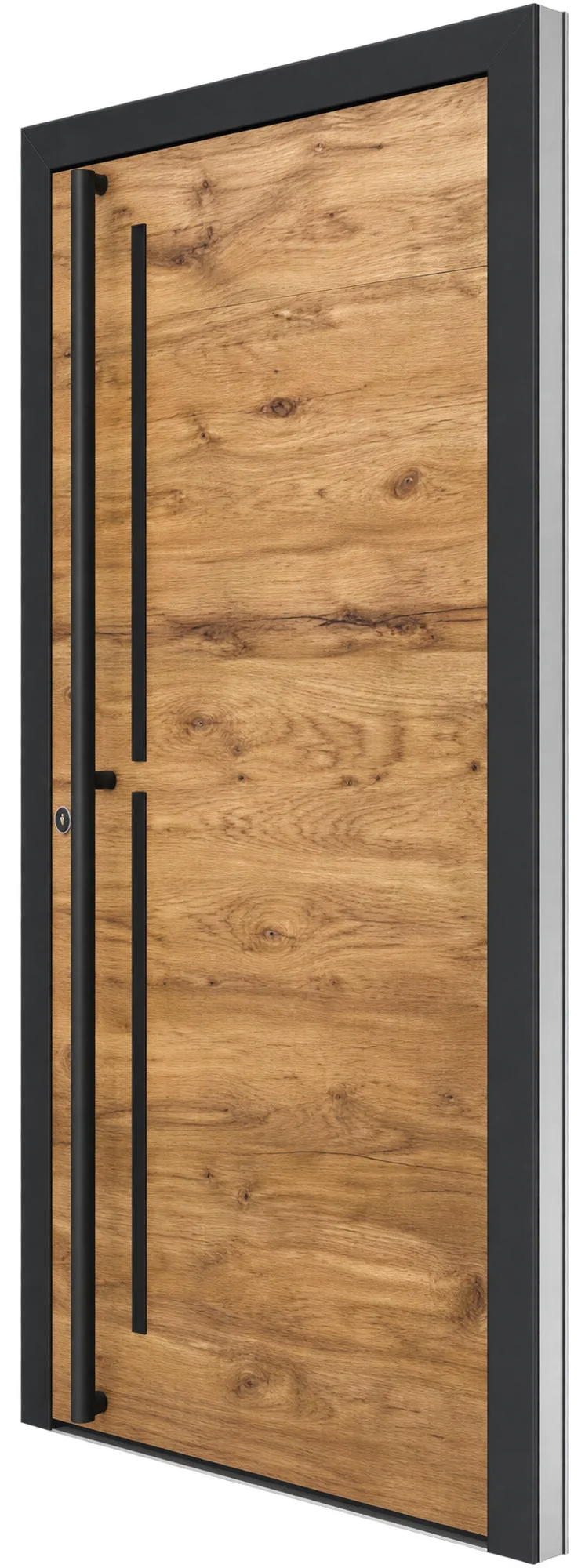 Porte d'entrée en bois naturel aux veinures marquées, encadrée de noir et équipée d'une longue poignée verticale noire, photographiée sur fond blanc.