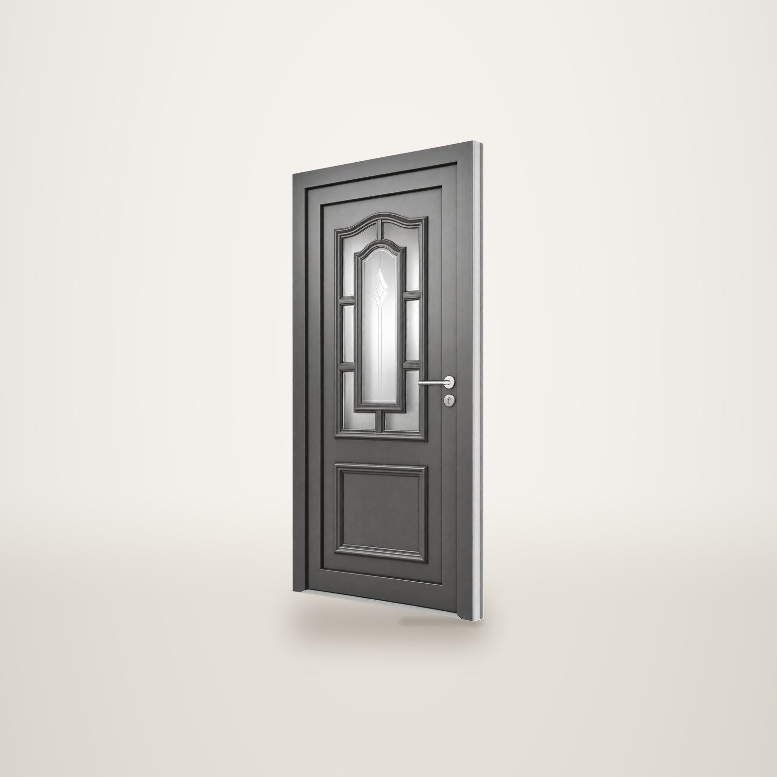 Porte d'entrée grise à panneaux, dotée d'un vitrage décoratif en partie haute et d'une poignée métallique, présentée sur fond blanc.