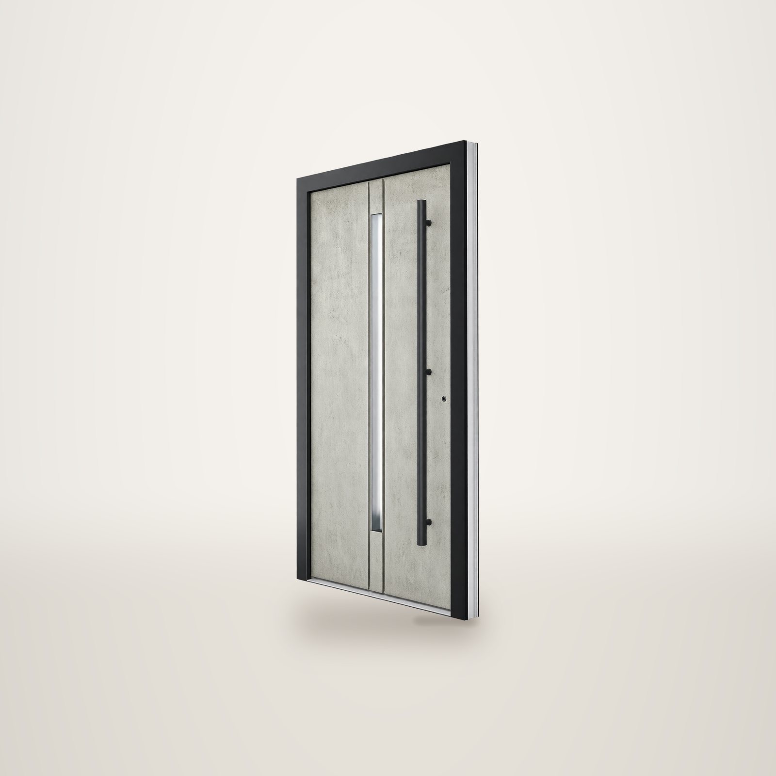 Porte d'entrée contemporaine au panneau gris effet béton, encadrée de noir et équipée d'une longue poignée verticale métallique, photographiée sur fond blanc.
