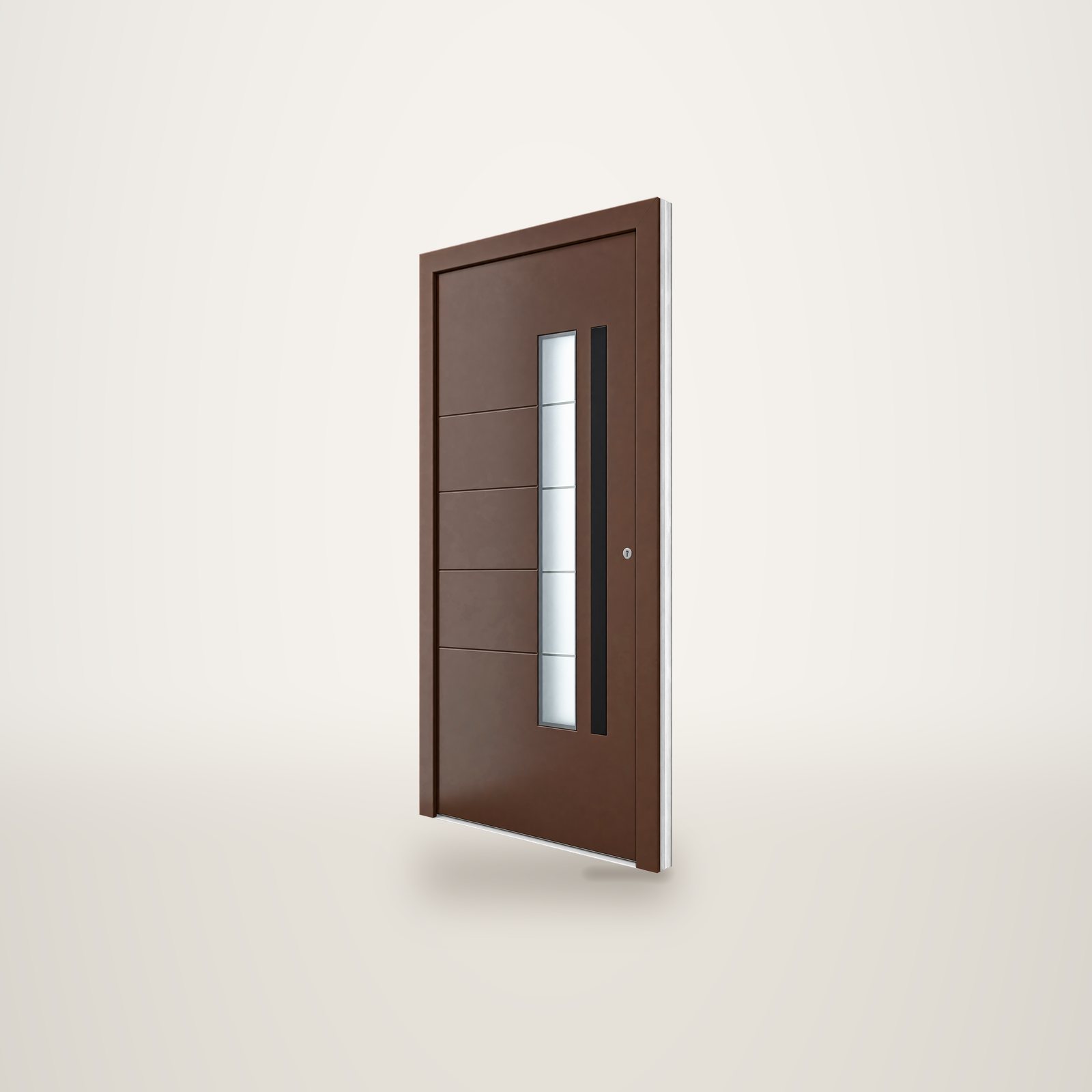 Porte d'entrée contemporaine en bois brun avec fine bande vitrée verticale, rainures horizontales et longue poignée noire, présentée sur fond blanc.