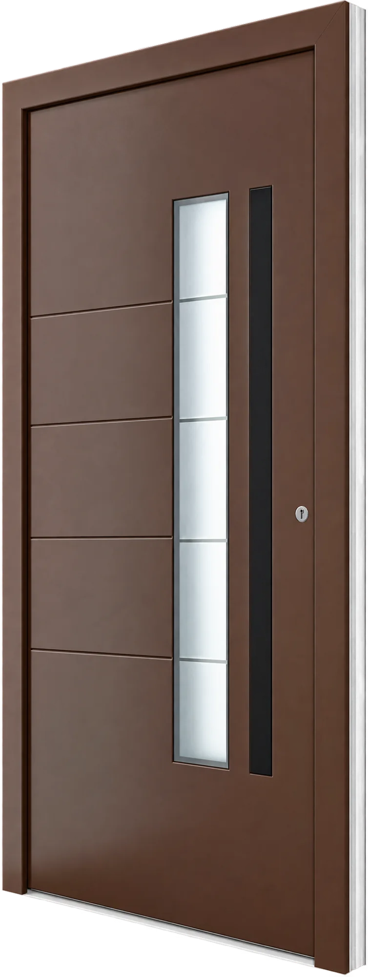Porte d'entrée contemporaine en bois brun avec fine bande vitrée verticale, rainures horizontales et longue poignée noire, présentée sur fond blanc.