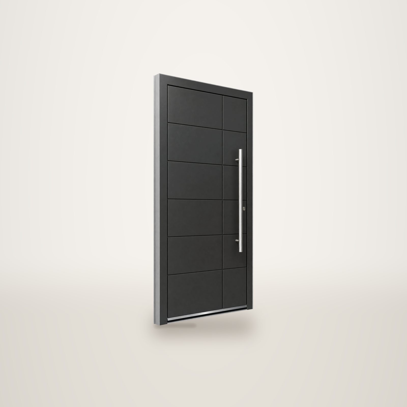 Porte d'entrée contemporaine de couleur anthracite avec rainures horizontales et une longue poignée de tirage verticale en métal, photographiée sur fond blanc.