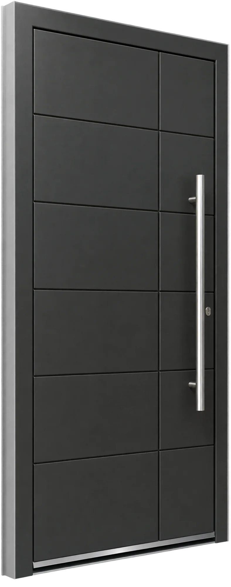 Porte d'entrée contemporaine de couleur anthracite avec rainures horizontales et une longue poignée de tirage verticale en métal, photographiée sur fond blanc.