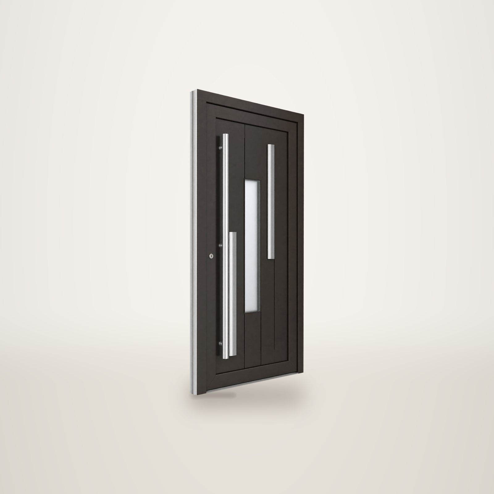Porte d'entrée moderne de couleur anthracite avec deux longues poignées verticales en inox et une étroite fenêtre vitrée au centre, présentée sur fond blanc.